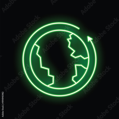 Green neon sign depicting globalization with arrow circling around earth on black background