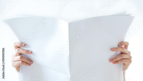 Low angle view of person holding large blank white newspaper mockup overhead.