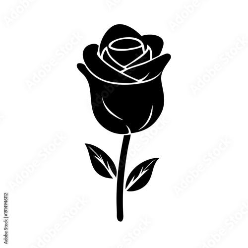 Elegant black and white line art of a blooming rose with green stem and leaves