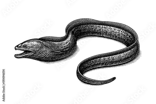 Detailed hand-drawn engraving of moray eel in black and white