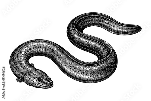 Vintage engraved eel design on white background