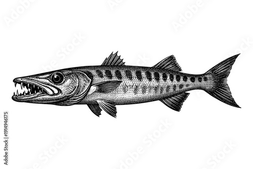 Detailed hand drawn barracuda: intricate monochrome art of a ferocious marine predator