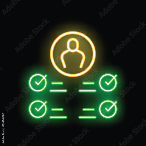 Neon icon representing a successful candidate selection with checkmarks indicating completed stages and an avatar symbolizing the chosen applicant