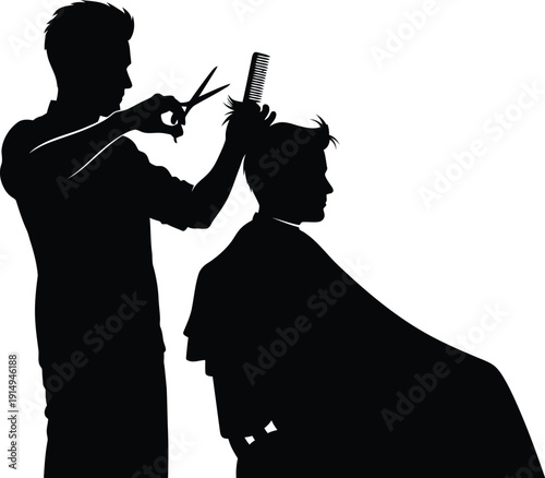 Barber silhouette carefully cuts a client's hair with scissors and comb.