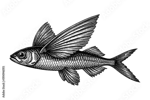 Detailed monochrome sketch of a flying fish with spread wings