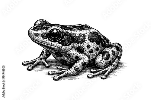 Detailed engraved style frog in monochrome with textured spots and realistic features