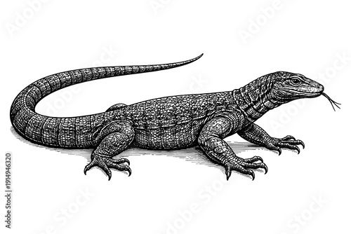 Detailed monochrome drawing of a monitor lizard in profile
