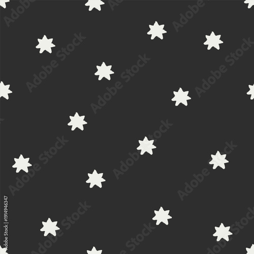 Seamless stars, endless pattern. Black and white hand-drawn texture with tiny...