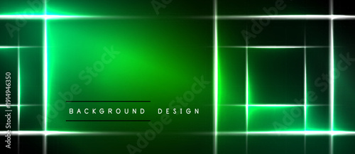 Vibrant green neon lines form geometric shapes over dark background. Modern design suggests technology, energy, futuristic aesthetic.