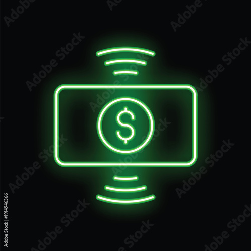 Neon green icon of contactless payment system using nfc technology to transfer money