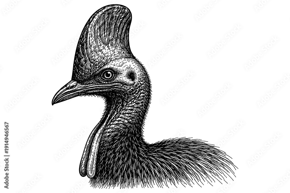 Fototapeta premium Detailed cassowary head artwork in classic engraving style