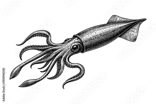 Intricate black and white squid drawing with detailed tentacles and texture