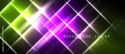 Vibrant neon grid pattern. Purple, green hues dominate design. Bright light radiates center, creating dynamic effect.