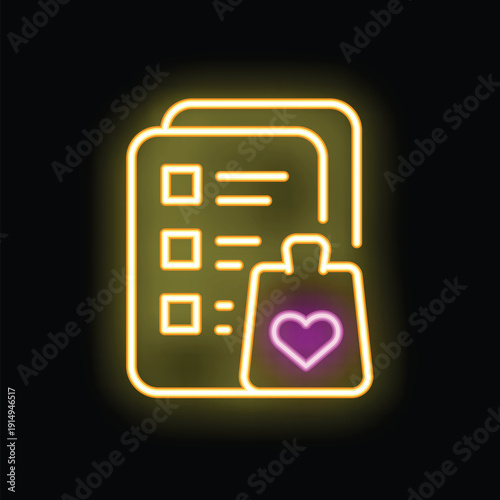 Yellow neon icon of a wish list with check boxes and a shopping bag with a heart representing desired products