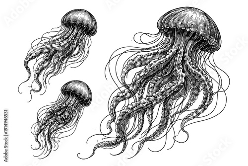 Intricate black and white jellyfish drawing with detailed tentacles
