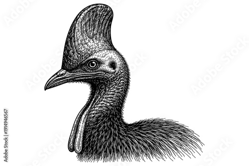 Detailed cassowary head artwork in classic engraving style