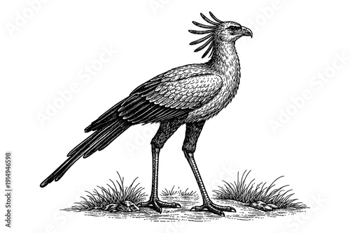 Intricate ink drawing of a standing secretary bird in detailed pen and ink style