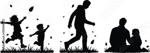 Flat vector illustration of family silhouettes outdoors with children running, adults walking, autumn leaves falling, playful connection togetherness social interaction design