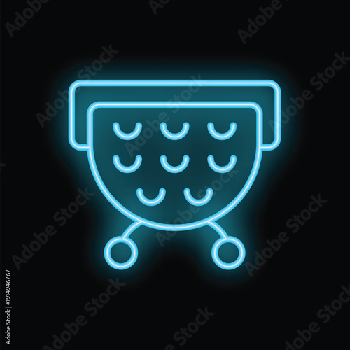 Blue neon icon of a purse glowing on a dark background