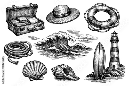 Vintage nautical elements with waves, lighthouse, and seashells in ink style