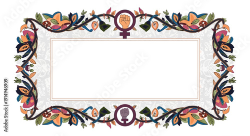 Vibrant floral frame with female empowerment symbol