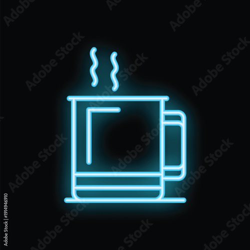 Blue neon sign of a steaming hot cup of coffee or tea on a black background