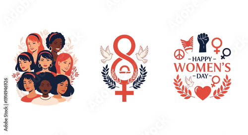 Diverse women celebrating Women's Day with empowerment symbols