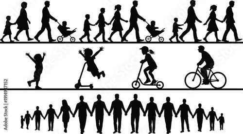 Family generation silhouettes collection, parents children walking playing cycling together isolated on white background for community lifestyle concept design