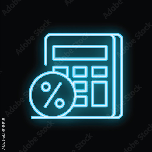 Calculator with percentage symbol suggesting financial calculations, interest rates, or discounts, glowing in vibrant neon blue against a dark background