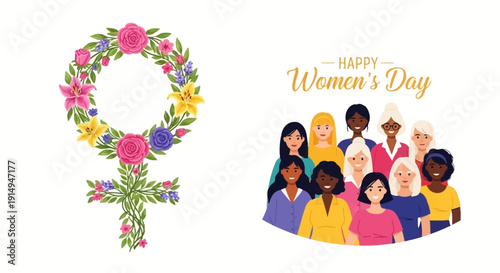 Diverse women celebrating Women's Day with floral symbol