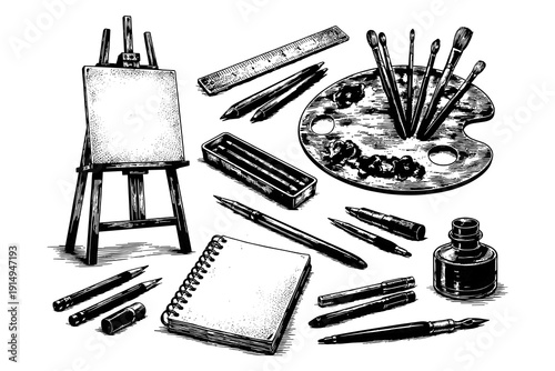 Vintage art supplies sketch featuring easel, palette, brushes, and pens in monochrome ink style