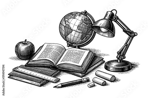 Vintage desk scene with open book, globe, and lamp in detailed engraving style