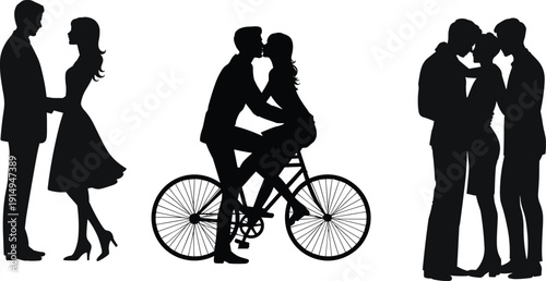 Flat vector illustration of romantic couple silhouettes in love poses, holding hands, kissing on bicycle, intimate relationship design concept art