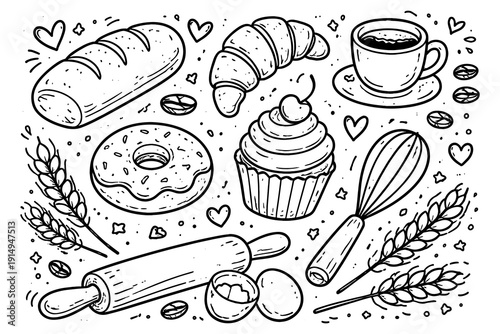 Hand drawn doodle of bakery items with coffee in black and white