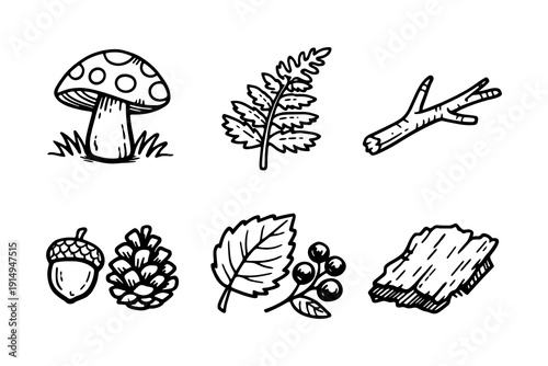Hand drawn nature icons set featuring mushrooms, leaves, and forest elements