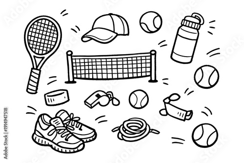 Hand-drawn tennis equipment doodle set with racket, sneakers, and sports accessories