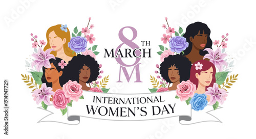 Celebrate International Women's Day with diverse women and flowers