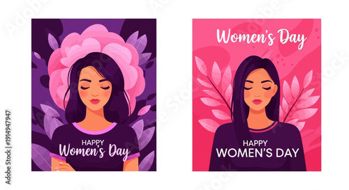 Vibrant Women's Day posters featuring confident women with purple hair