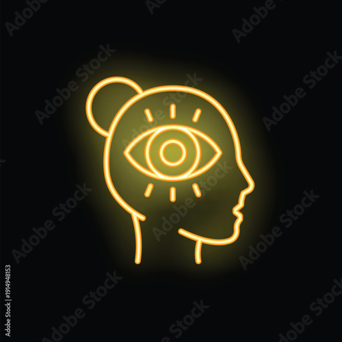Neon sign illuminating a human head profile with an eye replacing the brain, symbolizing concepts such as observation, knowledge, and intuition