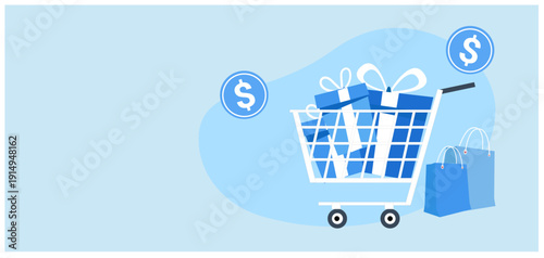 Online shopping and delivery service concept, sale shopping bag on smartphone and credit card vector illustration
