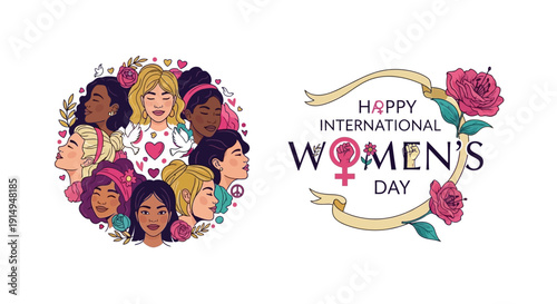 Diverse women celebrating International Women's Day with flowers