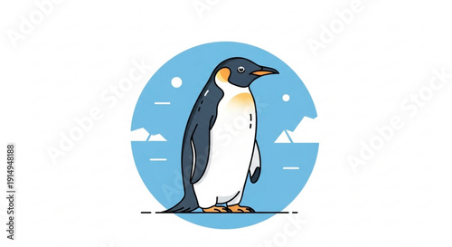Penguin standing on ice in front of a blue ocean with snowflakes and icebergs looking to the right