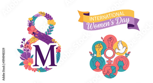Vibrant International Women's Day celebration with floral symbols and empowering icons