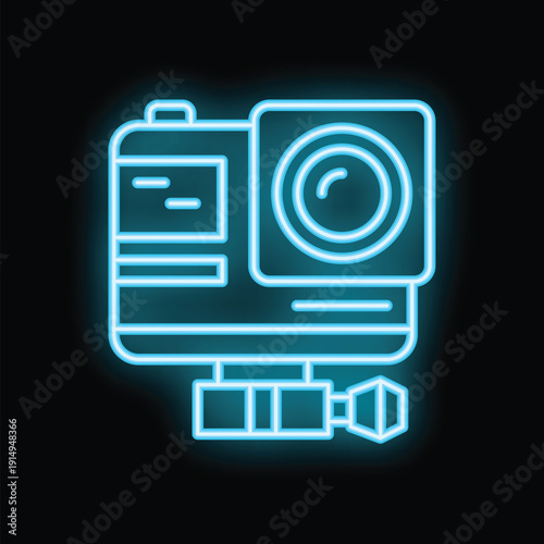 Bright blue neon sign depicting an action camera mounted on a bracket, glowing on a black background