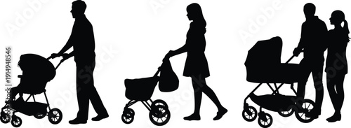 Parents with baby stroller silhouette set showing family walking scenes, parenting lifestyle concept, black vector illustration isolated background