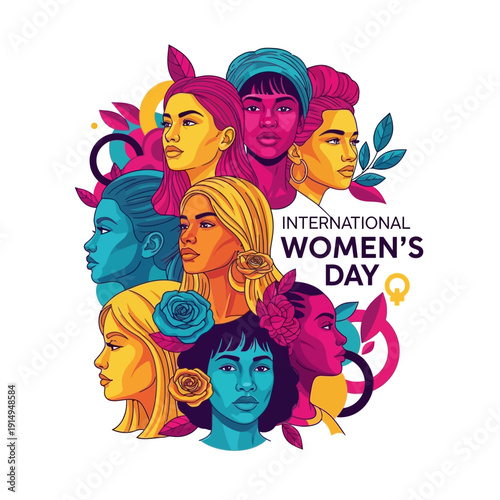 International Women's Day celebration vector illustration with diverse women faces and flowers
