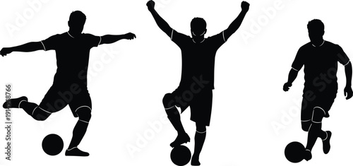 Soccer player silhouette set, footballer dribbling running celebrating goal action isolated black sport activity vector illustration collection