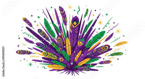 Vibrant mardi gras feathers in purple green and gold with sparkles and confetti on white background for festive celebrations