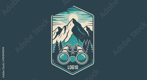 Binoculars in a mountain landscape with pine trees and a rising sun.