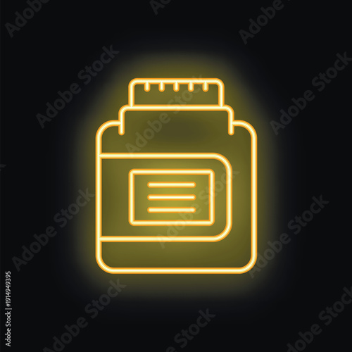 Yellow neon icon of a protein powder jar glowing on black background, ideal for nutritional supplement concepts